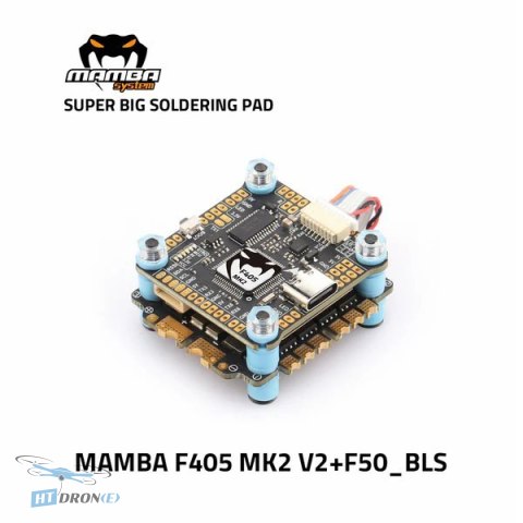 Diatone MAMBA F405MK2V2 50A 6S 8bit FPV stack - top-down view of PCB and components detail
