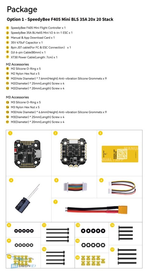 SpeedyBee F405 Mini BLS 35A 20x20 akcesoria i opakowanie najlepszy zestaw FPV cena HTDRONE