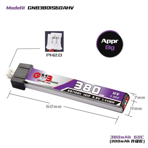 Battery GNB GAONENG LiHV 1S 3.8V 380mAh 60C PH2.0 Plastic Head