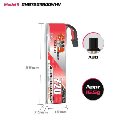 Battery GNB GAONENG LiHV 1S 3.8V 720mAh 100C A30 Cabled