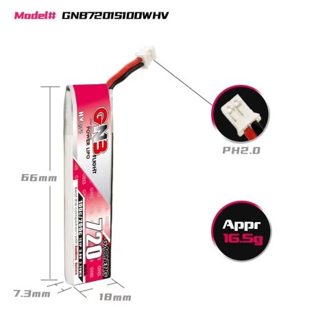 Battery GNB GAONENG LiHV 1S 3.8V 720mAh 100C PH2.0 Cabled