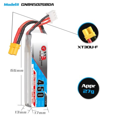 Battery GNB LiPo 2S 7.4V 450mAh 80C XT30