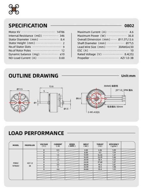 Motor NewBeeDrone 0802 14000KV Brushless Motors Espresso Edition (4 pcs)