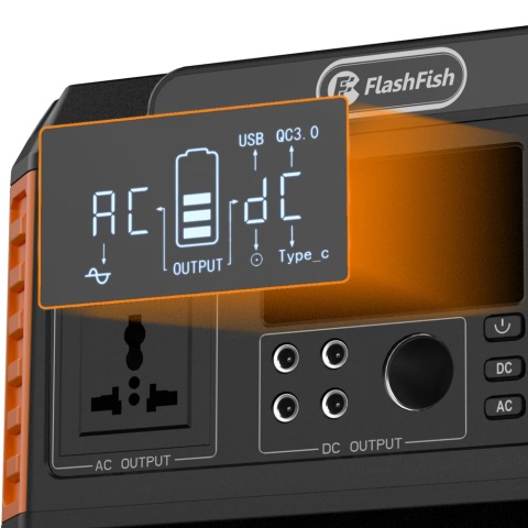 Wyświetlacz LCD – czytelny ekran pokazujący poziom naładowania baterii oraz aktywne wyjścia AC, DC i USB.