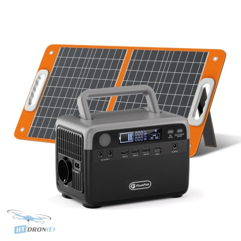 Zestaw Flashfish BP030B współpracujący z przenośnym panelem słonecznym jako mobilne źródło energii.