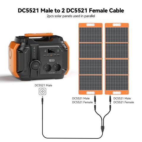 Schemat podłączenia panelu FlashFish TSP100 do przenośnej stacji zasilania za pomocą kabla DC5521 oraz pracy równoległej