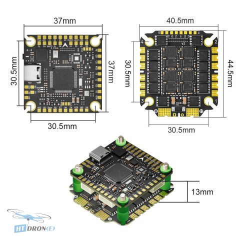 Pilotix Stack F405 V3 ICM42688 AM32 65A widok z góry płytka drukowana detale komponentów HTDRONE