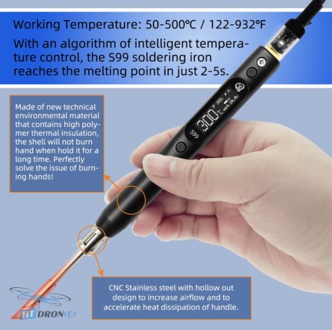 SEQURE S99 soldering iron package contents with accessories and size comparison