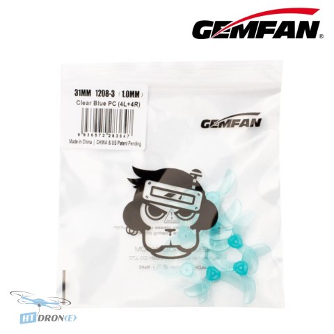 Gemfan 1208-3 niebieskie śmigła 31mm PC - szczegółowy widok z bliska - cena HTDRONE