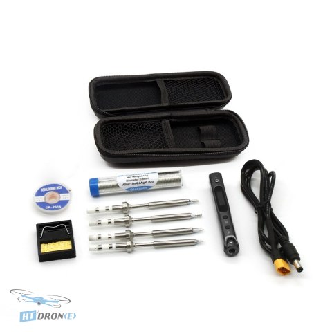 Contents of SEQURE Mini SQ-001 Kit Plus green kit - soldering iron, bag, accessories overall product view