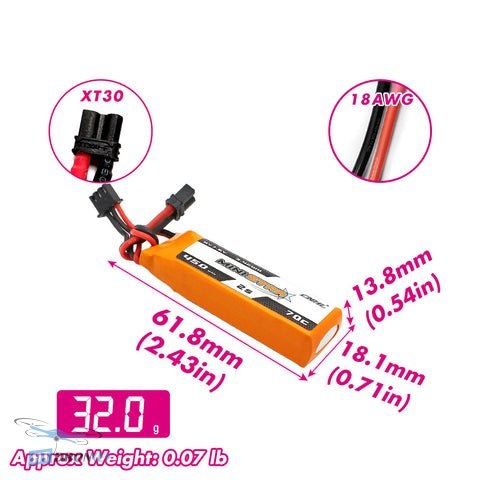CNHL LiPo 2S 7.6V 450mAh 70C XT30 battery side view buy now HTDRONE