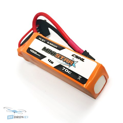 Компактний акумулятор CNHL MiniStar Lipo 4S 450mAh 70C XT30U під кутом, ідеальний для FPV-перегонів