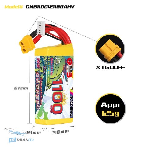 GNB GAONENG 1100mAh 4S HV 160C bateria FPV złącze XT60 widok z boku HTDRONE