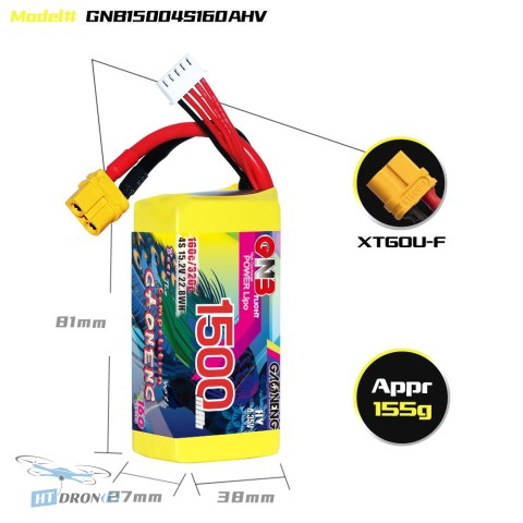Bateria GNB GAONENG 1500mAh 4S 160C HV XT60 - widok z boku, kup teraz w HTDRONE